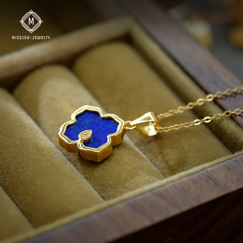 Fortune Clover 24K Gold-Plated Necklace with Lapis Lazuli Stone(Chain not included)