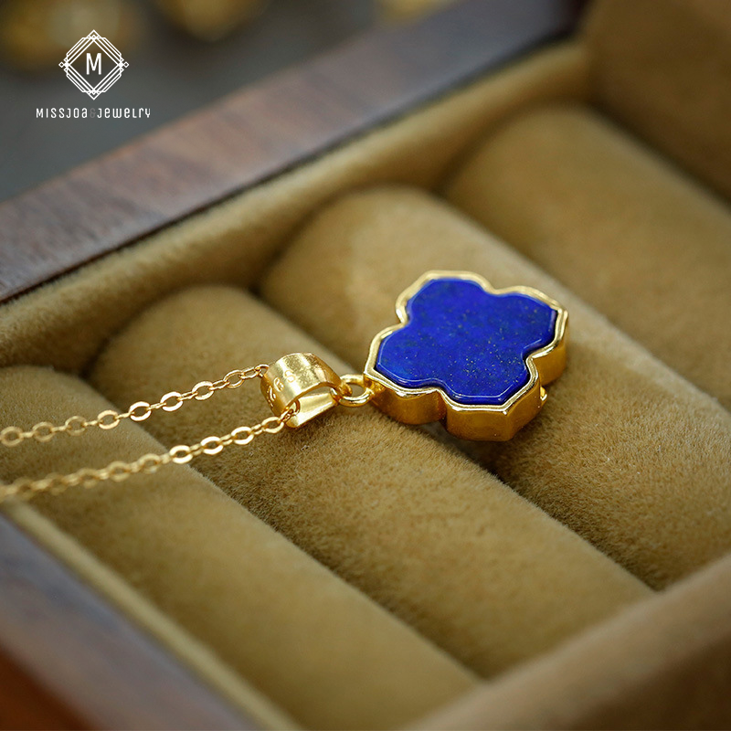 Fortune Clover 24K Gold-Plated Necklace with Lapis Lazuli Stone(Chain not included)