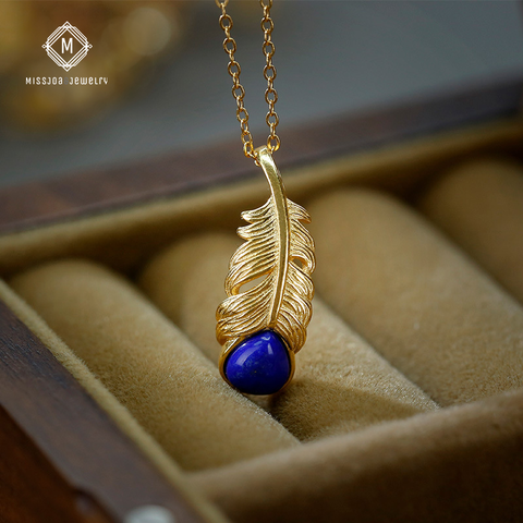 Feather Blue Gemstone Lapis Lazuli Pendant, 24k Gold-Plated(Chain not included)