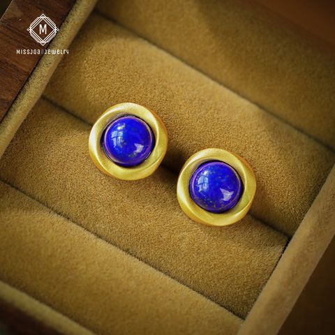 24K Gold-Plated Circle Lapis Lazuli Earrings