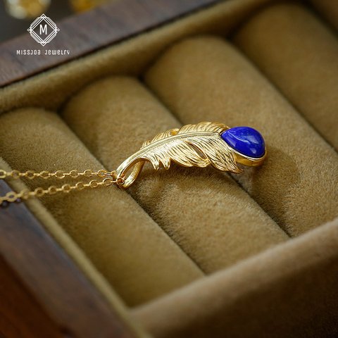 Feather Blue Gemstone Lapis Lazuli Pendant, 24k Gold-Plated(Chain not included)