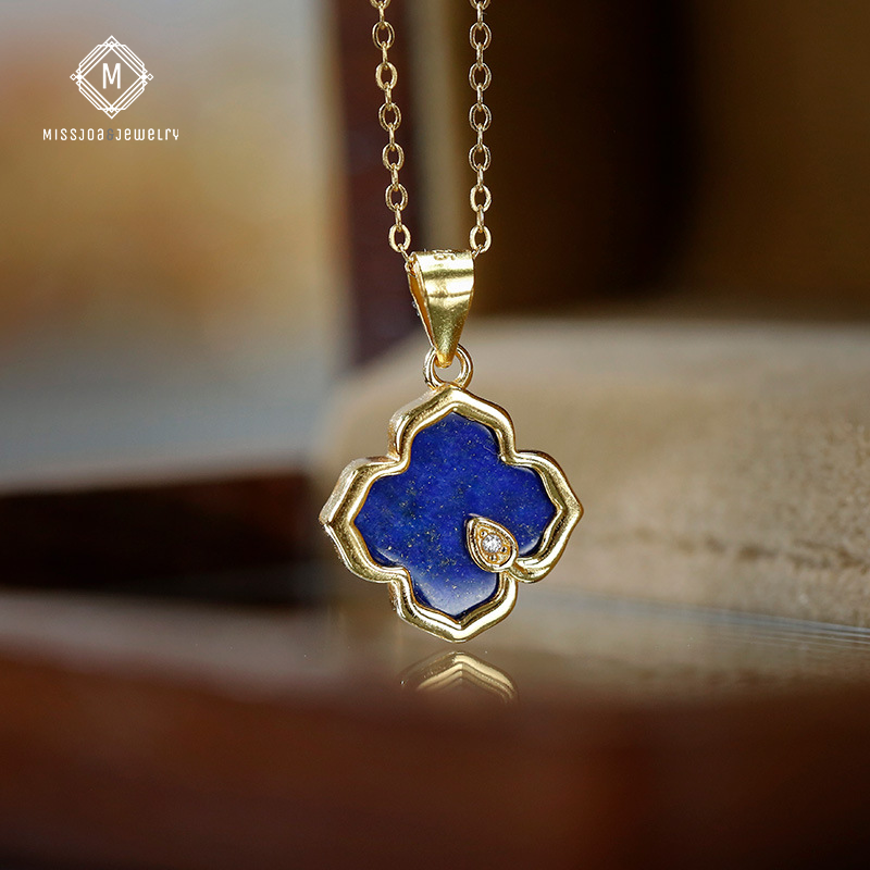 Fortune Clover 24K Gold-Plated Necklace with Lapis Lazuli Stone(Chain not included)