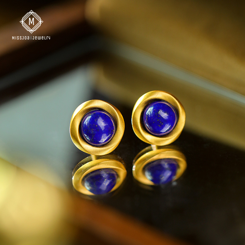 24K Gold-Plated Circle Lapis Lazuli Earrings