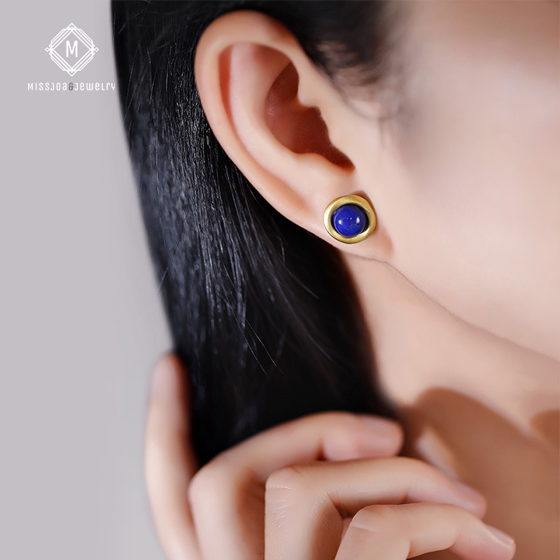 24K Gold-Plated Circle Lapis Lazuli Earrings