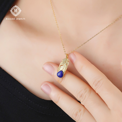 Feather Blue Gemstone Lapis Lazuli Pendant, 24k Gold-Plated(Chain not included)