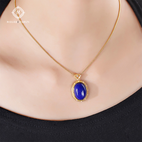 24K Cabochon Lapis Lazuli Necklace with Pearl(Chain not included)