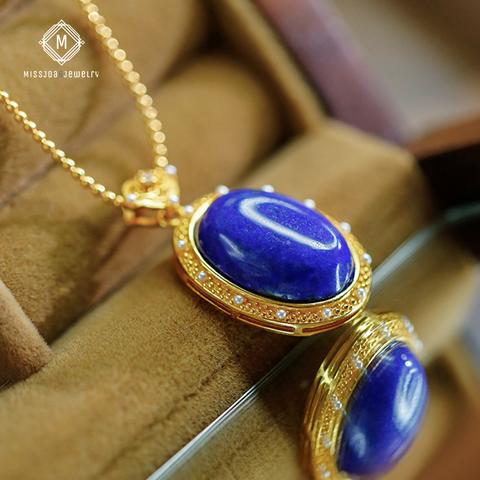 24K Cabochon Lapis Lazuli Necklace with Pearl(Chain not included)