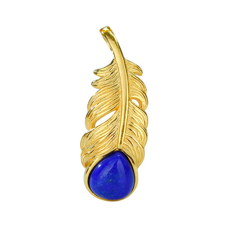 Feather Blue Gemstone Lapis Lazuli Pendant, 24k Gold-Plated(Chain not included)