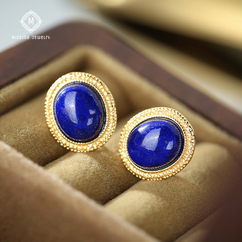 Platinum Vintage Cabochon Lapis Lazuli Earrings