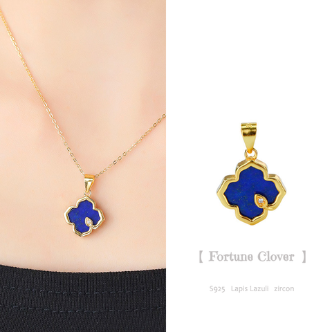 Fortune Clover 24K Gold-Plated Necklace with Lapis Lazuli Stone(Chain not included)