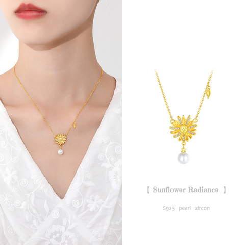 S925 Sunflower Radiance Necklace with Pearl