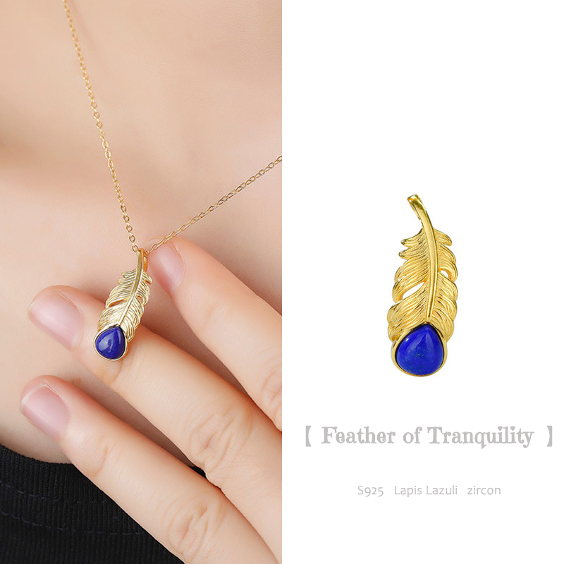 Feather Blue Gemstone Lapis Lazuli Pendant, 24k Gold-Plated(Chain not included)