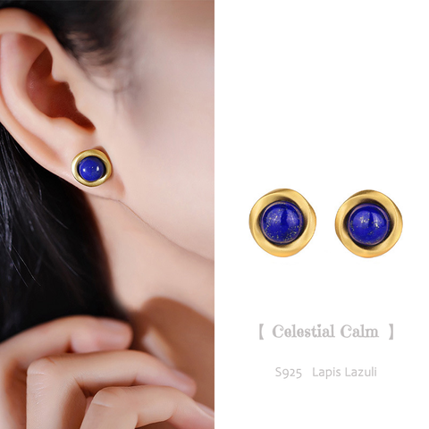 24K Gold-Plated Circle Lapis Lazuli Earrings