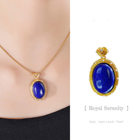 24K Cabochon Lapis Lazuli Necklace with Pearl(Chain not included)