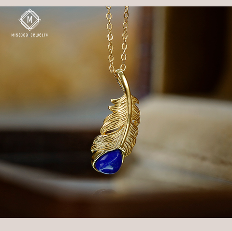 Feather Blue Gemstone Lapis Lazuli Pendant, 24k Gold-Plated(Chain not included)